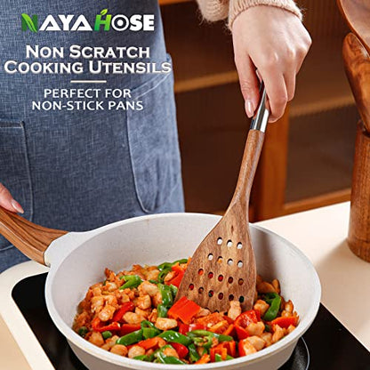10PCS Teak Wooden Utensils Set With Holder & Spoon Rest, Stainless Handle | Non-scratch, Durable, Non Toxic, Non-Stick, Smooth Finish, Easy to Clean, Comfort Grip, House Warming Gift - size: 10Pcs Set
