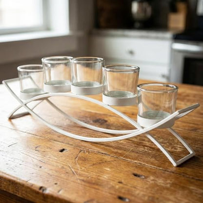 Table Centerpieces for Dining Room, Tealight Candle Holder, White | Wedding Votive Candle Holders, Wrought Iron 5 Cup Candelabra, Long Modern Coffee Table, White, Clear Glass Cups, 17in Long - color: White, size: 5 Cup
