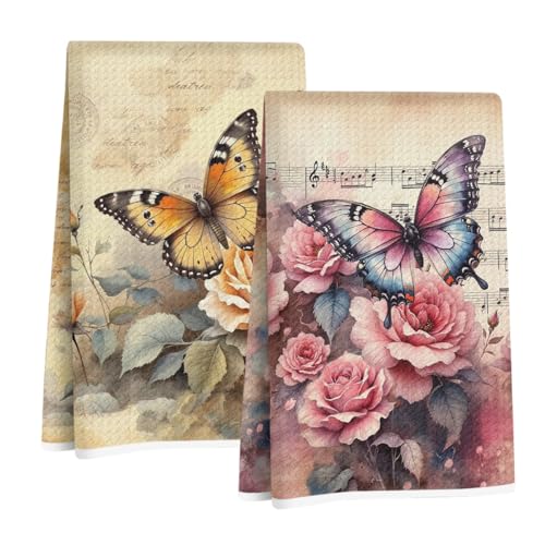 2 Pcs Vintage Butterfly Kitchen Towels, Flower Soft Absorbent Hand Towels | Butterfly Microfiber Dish Cloths for Dishes, Waffle Dish Towels for Kitchen Bathroom Decor, Housewarming Gifts for Women - color: Multi 1422