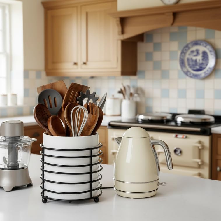 Utensil Holder for Kitchen Counter Large Cooking Utensil Holder,Black Ring Metal Frame and White Ceramics - color: White Black, size: XL