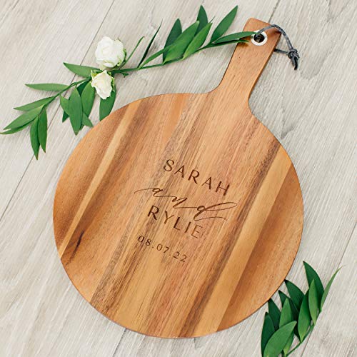 Weddingstar Personalized Wooden Round Cutting Board or Serving Board with Handle 12" x 16.5" - Modern Couple Etching - color: Modern Couple, size: 16.5"L x 12"W