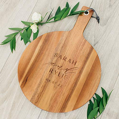 Weddingstar Personalized Wooden Round Cutting Board or Serving Board with Handle 12" x 16.5" - Modern Couple Etching - color: Modern Couple, size: 16.5"L x 12"W