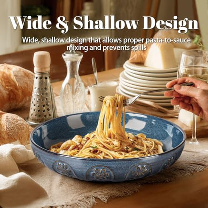 Pasta Bowls, 50oz Large Salad Serving Bowls, 9.75'' Plates Bowls Set of 4, Big Ceramic Soup Bowls for Kitchen, Embossment Shallow Dinner Bowl, Microwave Dishwasher Safe, Pinwheel Flower, Blue - color: Blue (Pinwheel Flower)
