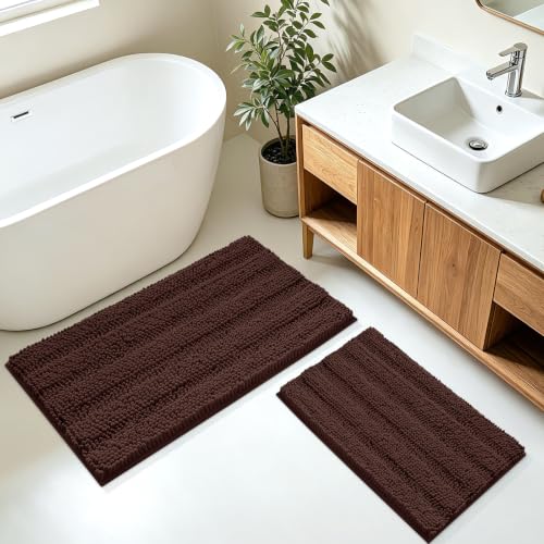 Striped Brown Bathroom Rug Mat Set 2 piece 32"x20"+24"x17" Ultra Soft, Non Slip Chenille Bath Rugs, Absorbent Plush Shaggy Bath Mats for Bathroom, Bedroom, Kitchen, Shower, Tub - color: Brown, size: 2'8"x1'8"+2'×1'5"