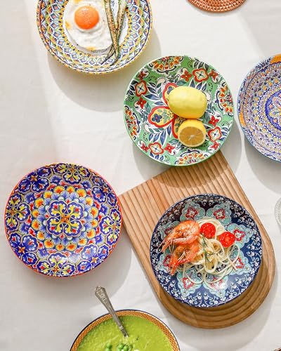 HENXFEN LEAD Boho Pasta Bowls Set of 6, 26 oz Wide Shallow Ceramic Bowls | Assorted Patterns, Ideal for Pasta, Salad, Soup, Risotto and Everyday Meals, Microwave and Dishwasher Safe - size: 26 Oz