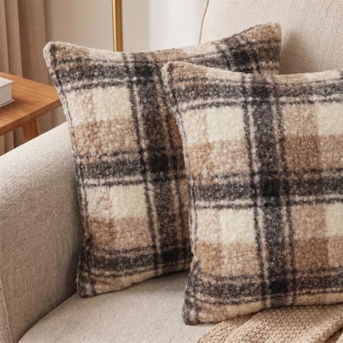 Fall Brown Plaid Pillow Covers 24x24, Winter Holiday Fuzzy Pillow Covers | Set of 2, Large Soft Fluffy Curly Sherpa Farmhouse Checkered Cozy Throw Pillows, Christmas Pillow Covers 24x24, No Insert - color: Brown Buffalo Plaid Indoor Pillow Covers, size: 2