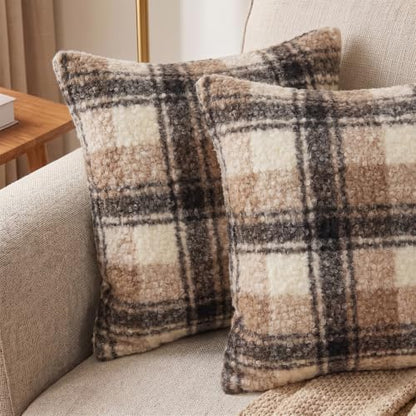 Brown Plaid Pillow Covers, Fuzzy Boucle Farmhouse Throw Pillow Covers 20x20 | Set of 2, Autumn Cozy Fluffy Curly Sherpa Throw Pillows, Black Tan Brown Checkered Accent, For Living Room, No Pillow Insert - color: Brown Buffalo Plaid Indoor Pillow Covers, s