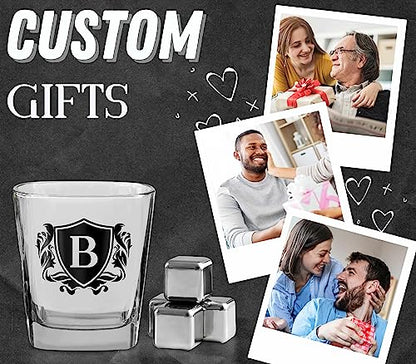 Whisky Gifts for Men, Personalized Initial Whiskey Glass with Whiskey Stones for Dad, Boyfriend, Best Friends, Coworkers, Husband, Brother, Uncle and Boss on Father's Day, Boss Day and Birthday - B - color: B