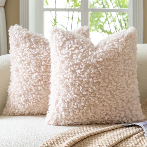 2 Pieces 22x22 Inch Apricot Beige Faux Fur Throw Pillow Covers Boucle Decorative Sherpa Pillow Covers Thick Fuzzy Fleece Pillowcases Cushion Covers for Sofa Couch Bed Living Room - color: Apricot Beige, size: 22" x 22" (Pack of 2)