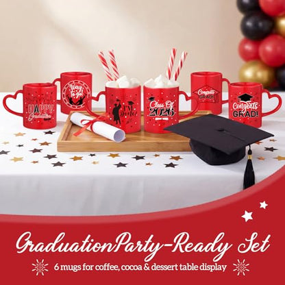 Pickmesh Graduation Coffee Mug Set of 6, 10 oz Red Ceramic Enamel Mugs with Handle, Class of 2026 & Congrats Grad Designs, Graduation Party Supplies, Grad Gift Cups for Coffee Tea Cocoa - color: Red, style: Graduation