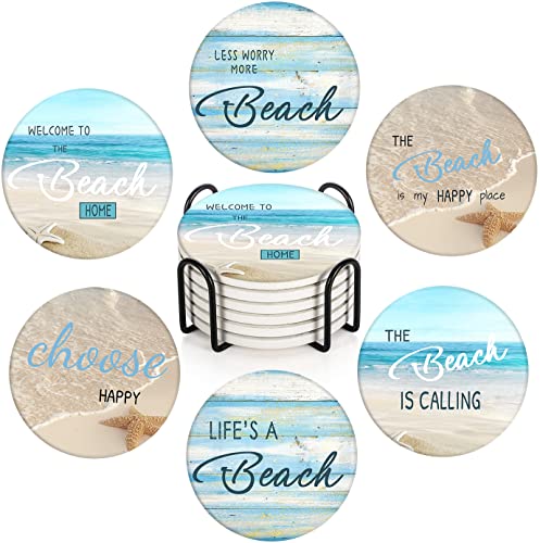 Coasters for Drinks, Set of 6, Ceramic Stone, Beach Teal | Shell Antique Absorbent Round Table Mat with Cork Base and Metal Holder Gift for Housewarming Room Bar Decor - color: Beach 1