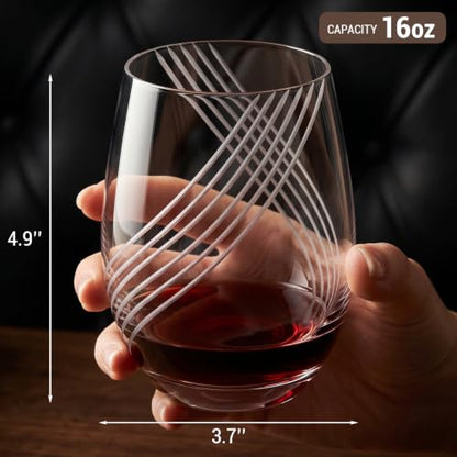 MyGift Set of 4 Modern Stemless Wine Glasses with Etched Geometric Pattern – Decorative Glass Drinkware for Wine, Cocktails, and Entertaining