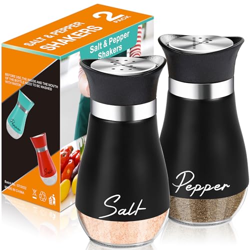 Salt and Pepper Shakers Set,4 oz Glass Bottom Salt Pepper Shaker with Stainless Steel Lid for Kitchen Gadgets Cooking Table, RV, Camp,BBQ Refillable Design (Black) - color: Black