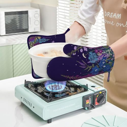 Wildflowers Florals Oven Mitts Pot Holders Set Silicone Heat Resistant Wildflowers Oven Mitts and Hot Pads Florals Potholders Non-Slip Oven Gloves for Cooking Baking Grilling BBQ - color: Purple