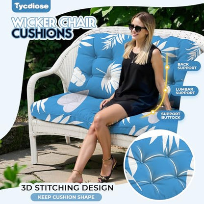 All Weather 3 Piece Wicker Furniture Chair Cushions, Waterproof Outdoor Wicker Chair Cushion for Patio Furniture Loveseat Settee Bench, 1 Loveseat and 2 U-Shaped Thickened Cushions, Blue Leaf - color: Blue Leaves