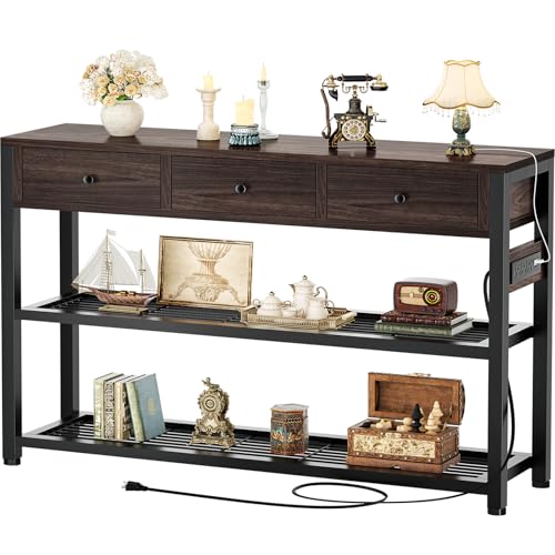 Ecoprsio 47'' Entryway Table with Outlets and USB Ports, Console Table with 3 Drawers, Sofa Table Narrow Long with Storage Shelves for Living Room, Couch, Hallway, Foyer, Black Walnut Finish - color: Black Walnut, size: 47-In
