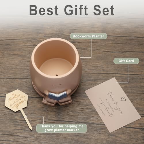 Bookworm Planter Pot with Drainage Cute Plant Pots for Succulents & Small Plants | Teacher Gifts Housewarming|Book Lover Gift, Indoor Planters | Christmas Teacher Gift Mother Dad Appreciation