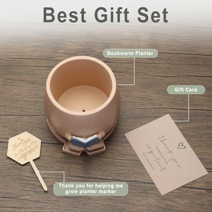 Bookworm Planter Pot with Drainage Cute Plant Pots for Succulents & Small Plants | Teacher Gifts Housewarming|Book Lover Gift, Indoor Planters | Christmas Teacher Gift Mother Dad Appreciation
