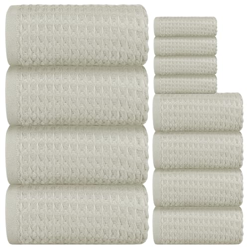 12 Piece Light Brown Waffle Bath Towel Set, 100% Cotton | Bathroom Towel Set, Highly Absorbent and Quick Dry, Soft Waffle Weave Towel, for Bathroom, Hotel, Spa, Gym Daily Use - color: Light Brown, size: 12 Piece Towel Set