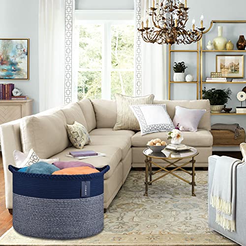 COMSE XXXLarge Woven Blanket & Laundry Basket, 87L, Navy Blue | 21.7" x 13.8", Cotton Rope, Nursery Hamper for Storage of Toys Clothes Towels, Ideal for Living Room Bedroom Bathroom - color: Navy Blue