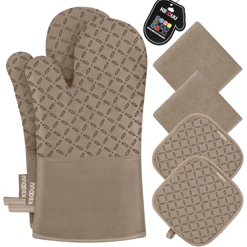 KEGOUU Oven Mitts and Pot Holders 6pcs Set, Kitchen Oven Glove High Heat Resistant 500 Degree Extra Long Oven Mitts and Potholder with Non-Slip Silicone Surface for Cooking (Khaki) - color: Khaki