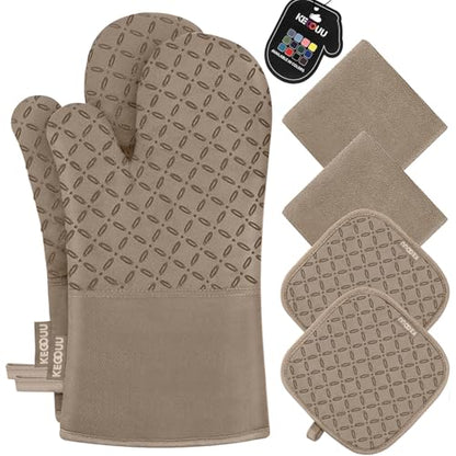 KEGOUU Oven Mitts and Pot Holders 6pcs Set, Kitchen Oven Glove High Heat Resistant 500 Degree Extra Long Oven Mitts and Potholder with Non-Slip Silicone Surface for Cooking (Khaki) - color: Khaki
