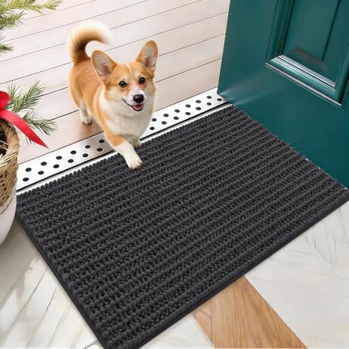 OLANLY Dog Door Mat for Muddy Paws 24x16, Ultra-Absorbent Chenille Mud Mat | Dark Grey, Absorbs Moisture and Dirt, Non-Slip Washable Doormat, Quick-Drying Indoor Entryway Floor Carpet for Dogs - color: Dark Grey, size: 24" X 16"