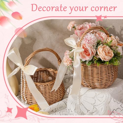Weysat 2 Pcs Small Flower Girl Basket with Handle, Pearl and Bow, Wicker Rattan Flower Basket Set, Rustic, Cute, Hand Woven for Wedding Girl Home Decorations Picnic Garden Candy Sweets Gifts Storage - style: Pearl and Bow