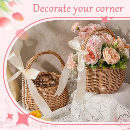 Weysat 2 Pcs Small Flower Girl Basket with Handle, Pearl and Bow, Wicker Rattan Flower Basket Set, Rustic, Cute, Hand Woven for Wedding Girl Home Decorations Picnic Garden Candy Sweets Gifts Storage - style: Pearl and Bow