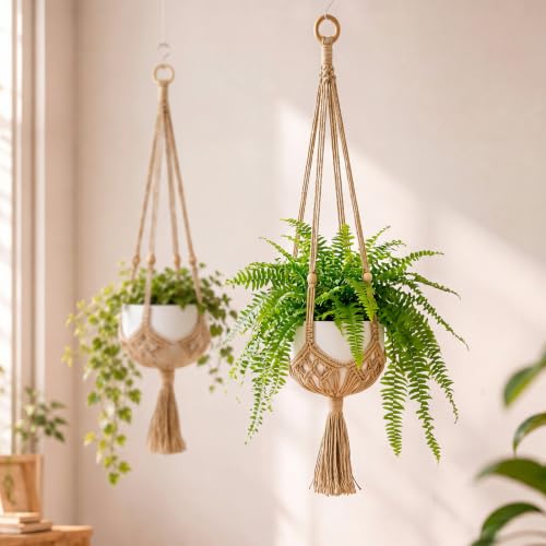 Shappy 2 Pack Boho Macrame Plant Hanger, Large Hanging Planter Plant Holder Pot Hanger Hanging Basket Wall Planters, Plants Lover Gift for Indoor Garden (Wooden Ring and Wooden Beads,Jute Color) - color: Jute Color, size: Style E