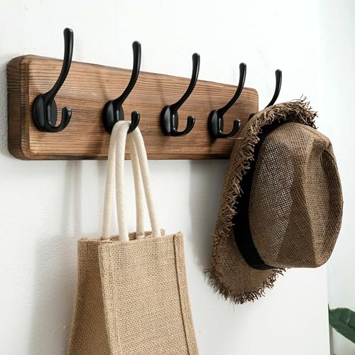 SKOLOO Rustic Wall Mounted Coat Rack with 16 Inch Mounting Hole Distance, Pine Solid Wood Coat Hook Hanger - 5 Hooks for Hanging Clothes Robes Towels Coats - color: Brown Plate & Black Hook, size: 1 Item-5 Hooks