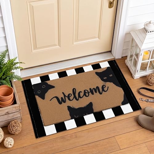 Arttown Welcome Front Coir Rug Door Mats Combo Set 17"x30"+24"x36" Cat | Coir Doormat Thick Backing Black White Stripes Rug Non-Slip Durable Front Porch Entryway Decor Indoor Outdoor Floor Mat - color: Welcome Black Cats