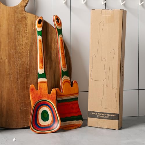 Pakkawood 12 inch Guitar Cooking Spoons and Spatula Set, Long Handle Flat Frying Spatulas & Handmade wooden spoons, Kitchen Utensil Salad Servers set for Cooking, Frying, Baking, Set of 2 - color: Pakkawood Guitar