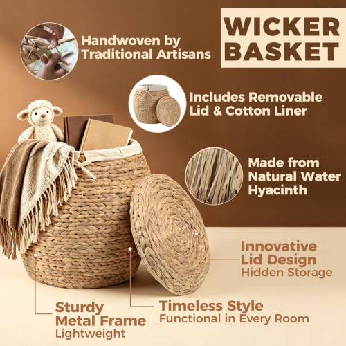Wicker Basket with Lid Decorative Storage - Large Blanket Basket for Living Room, Plants, Organization, Handwoven Water Hyacinth Material w/Removable Cotton Liner & Tall Round Design