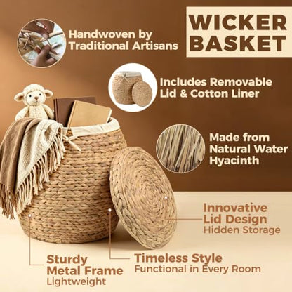 Wicker Basket with Lid Decorative Storage - Large Blanket Basket for Living Room, Plants, Organization, Handwoven Water Hyacinth Material w/Removable Cotton Liner & Tall Round Design