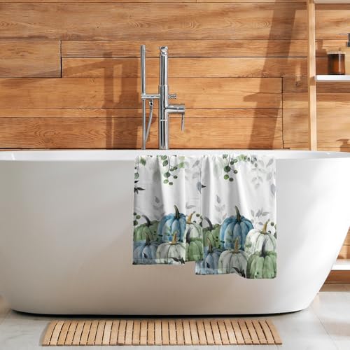 Imiss Autumn Leaves Hand Towels 14.4 x 28.3 Inch Set of 2 Blue Pumpkin Fall Thanksgiving Bathroom Towel Soft Absorbent Tea Towel Drying Baking Towels for Kitchen Hotel Spa Gym - color: Blue Pumpkin