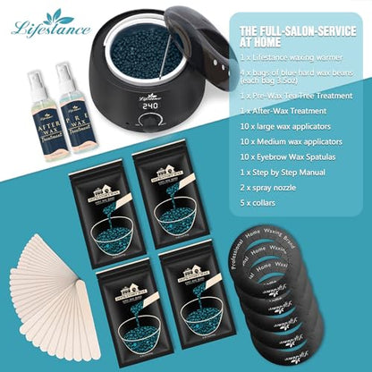 Lifestance Waxing Kit for Women & Men - L2 Digital Wax Pot Warmer | Brazilian & Bikini Hair Removal Kit with 14.1oz Hard Wax Beads & 42 Accessories, Professional for Face, Leg, Eyebrow - color: LCD (Black) Kit
