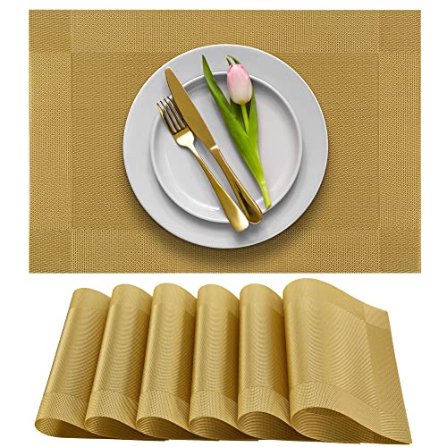 More Décor Dining Table Placemats, Washable Heat-Resistant PVC Vinyl Table Mats for Dining Room and Kitchen, Anti-Slip - Set of 6 -Gold - color: Gold