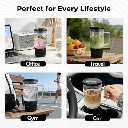 40oz Glass Tumbler with Flip Straw Lid, Handle, Silicone Sleeve, Black | Leakproof Lid, Fits Car Cup Holder Glass for Iced Coffee, Water, Cold Drinks, Travel, Outdoor, Partys&Home - color: Black