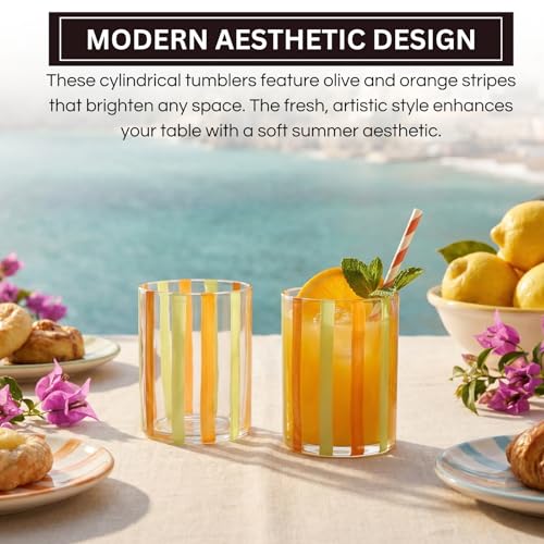 Capri Italian Design Cylindrical Tumblers, 2 Set Olive & Orange Summer Glasses Modern Cups for Water Juice Cocktail Iced Beverage Kitchen Bar Table Drinkware Entertaining Home Decor Housewarming Gifts