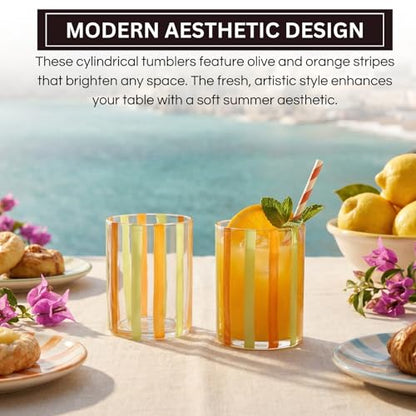 Capri Italian Design Cylindrical Tumblers, 2 Set Olive & Orange Summer Glasses Modern Cups for Water Juice Cocktail Iced Beverage Kitchen Bar Table Drinkware Entertaining Home Decor Housewarming Gifts