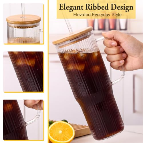 40 oz Glass Tumbler with Handle, Large Glass Tumbler with Straws and Lids, 2 Pack Ribbed Drinking Cups for Iced Coffee, Boba, Smoothies, Juice and Water