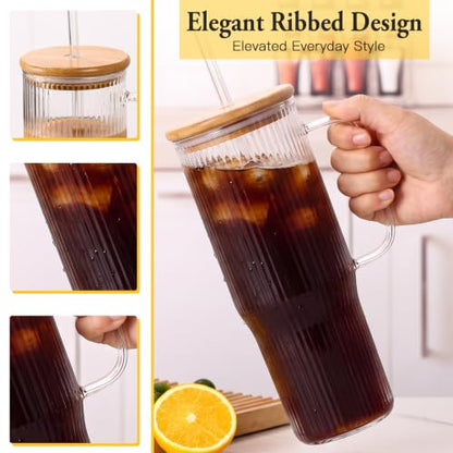 40 oz Glass Tumbler with Handle, Large Glass Tumbler with Straws and Lids, 2 Pack Ribbed Drinking Cups for Iced Coffee, Boba, Smoothies, Juice and Water