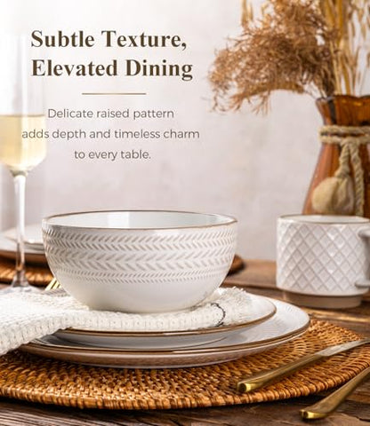 GBHOME Stoneware Dinnerware Set for 4, 12 piece Farmhouse Plates and Bowls | Elegant Embossed Ceramic Dish Set, Scratch Resistant, Microwave & Dishwasher Safe, Off white - color: Off White-Wheat Ear