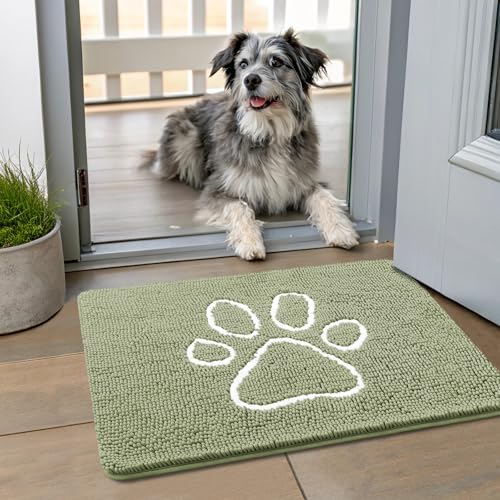 Smiry Dog Door Mat for Muddy Paws, Absorbent Non Slip Dirt Trapper, 24x16 | Sage Green and White, Quick Dry Washable Chenille Mat for Mud Dogs, Entry Rug for Indoor and Outdoor - color: Sage Green and White, size: 24"X16"