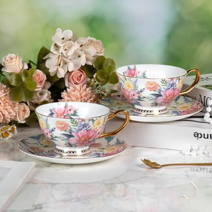 KAMMAK Tea Cups and Saucers Set of 2, Porcelain Coffee Cups, JBE018 | Stackable Espresso Mugs, Ceramic Demitasse for Coffee, Cappuccino, Latte, Americano, Tea - size: 8CZJBE018