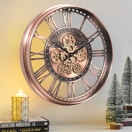21" Metal Roman Numeral Wall Clock with Moving Gears,Copper | SIilent Non Ticking, Aluminum Dial, Unique Modern Wall Clock for Living Room, Dinning Room, Entryway & Home Office - color: Roman Copper, size: 21"