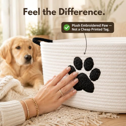 Dog Toy Basket with Handles, Cotton Rope Storage Bin Organizer for Pets | Holds toys, blankets, leashes & dog stuff. Machine washable, collapsible, free-standing woven bin with embroidered paw. - color: White/Black