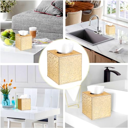 Sumnacon Square Leather Tissue Box Cover - Stylish Cube Tissue Box Holder with Magnetic Bottom, Decorative PU Tissue Box for Vanity Dresser Night Stand Table Countertop Home Office Car, Gold | Stylish Cube Tissue Box Holder, Decorative Tissue Box Covers F