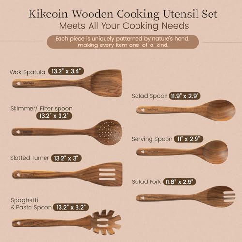 Kikcoin 7 PCS Durable Natural Teak Wooden Cooking Utensils Set, Non Toxic Wooden Spoons for Cooking, Wooden Utensil Set for Cooking with Comfort Grip, Nonstick & Easy to Clean Wood Kitchen Utensil Set - size: 7-Piece Set